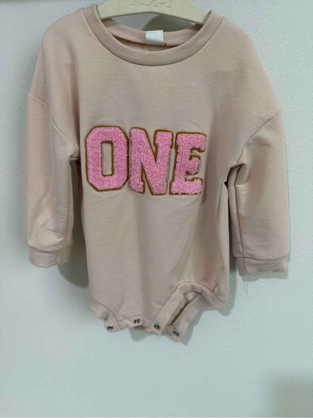Kids One-Piece Bodysuit with 'ONE' Chenille Patch - Pink First Birthday